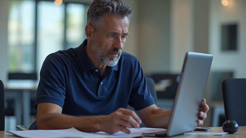 Professional photo of volleyball coaches reviewing match analysis on tablet device, modern office setting, natural window lighting, blurred background