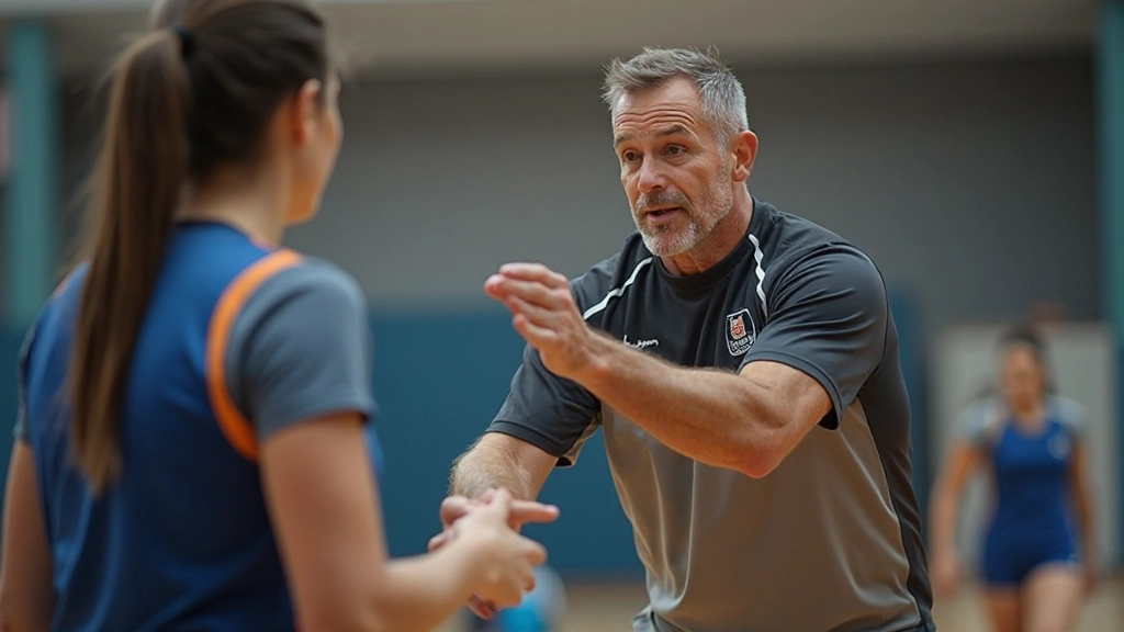 Coach demonstrating fundamental volleyball passing technique to developing athletes